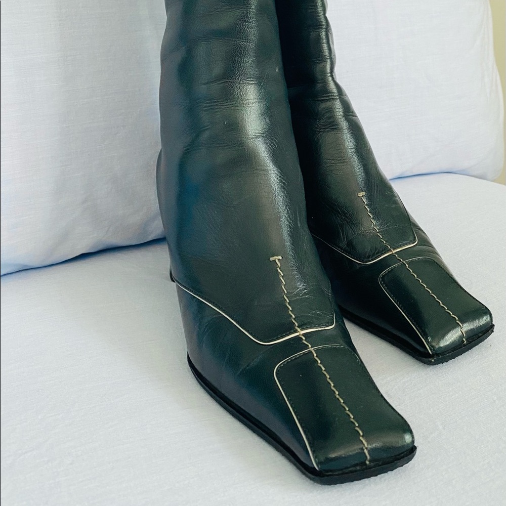 PRADA green leather boots mid calf Size 36 5.5